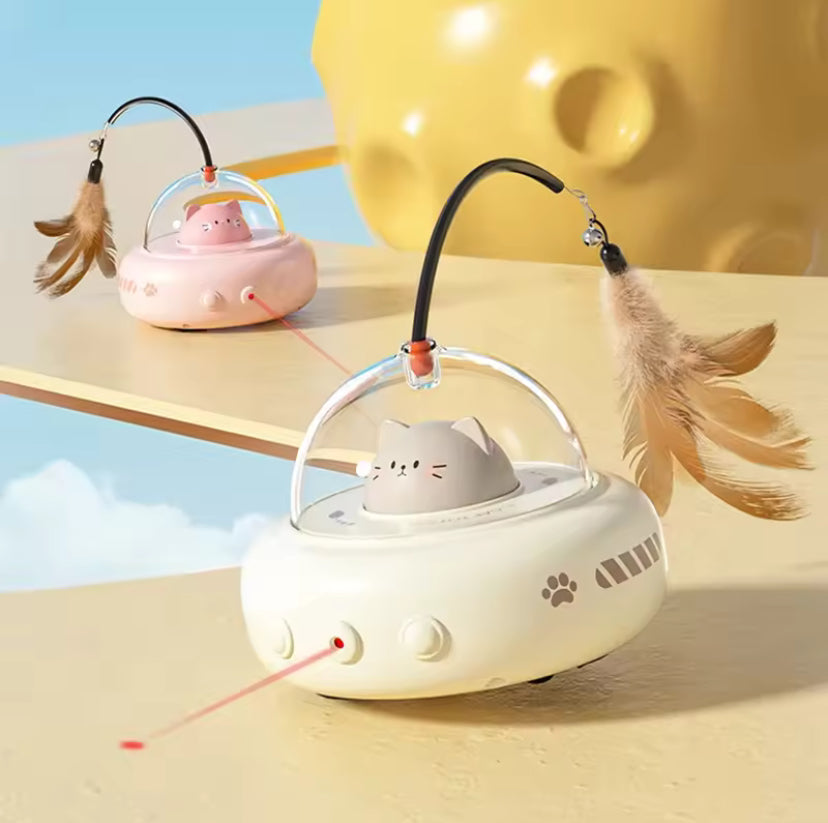 Interactive Electric UFO Cat Toy with Feather & Bell – Automatic Teasing Wand for Cats