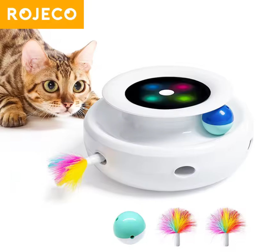 ROJECO 2-in-1 Smart Interactive Cat Toy – Automatic Feather Spinner and Rolling Ball with 5 Play Modes